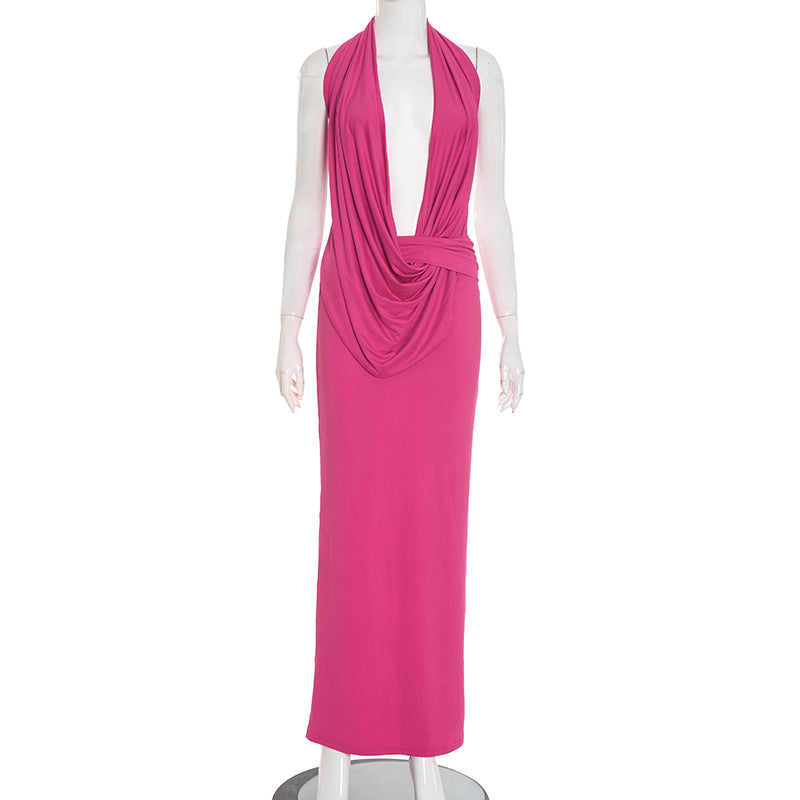 Clothing Autumn Slim Fit Halter Backless Sleeveless Pleated Lace up Elegant Length Dress