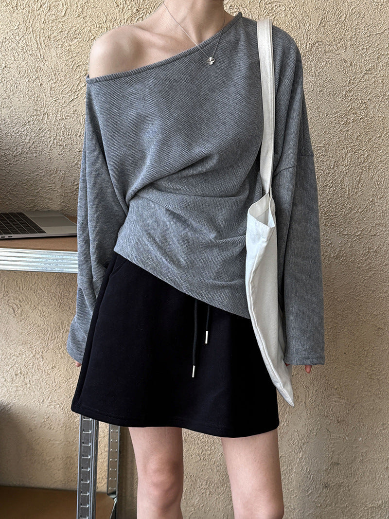 High Grade Irregular Asymmetric Shoulder Sweater Women Special Interest Design Fold Split Waist Controlled Top