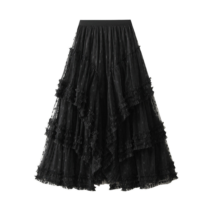 White Refined Handmade Lace Stitching Irregular Asymmetric Mesh Skirt Women Spring Autumn High Grade Tiered Dress Large Swing Skirt