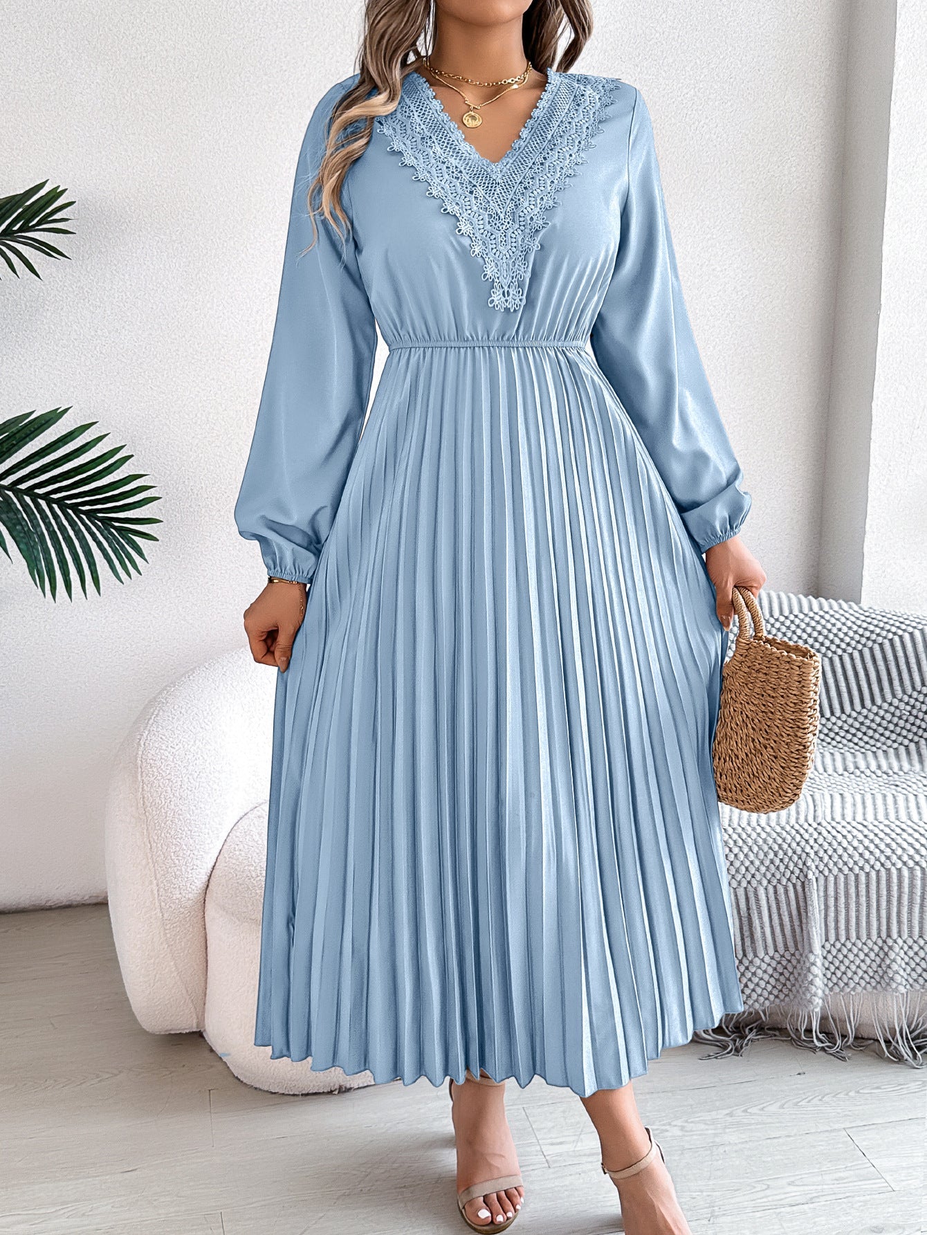 Spring Summer Elegant V neck Lace Cinched Pleated Maxi Dress Women Clothing