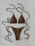 Bikini Solid Color Beaded Lace up Sexy Split Bikini Swimsuit Swimwear Women