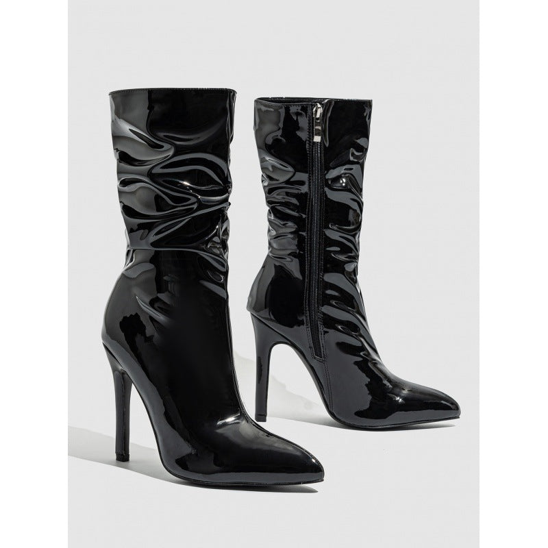 Supply Pointed Stiletto Heel Pile Boots Patent Leather Nude Shoes Short High Heel Riding Boots