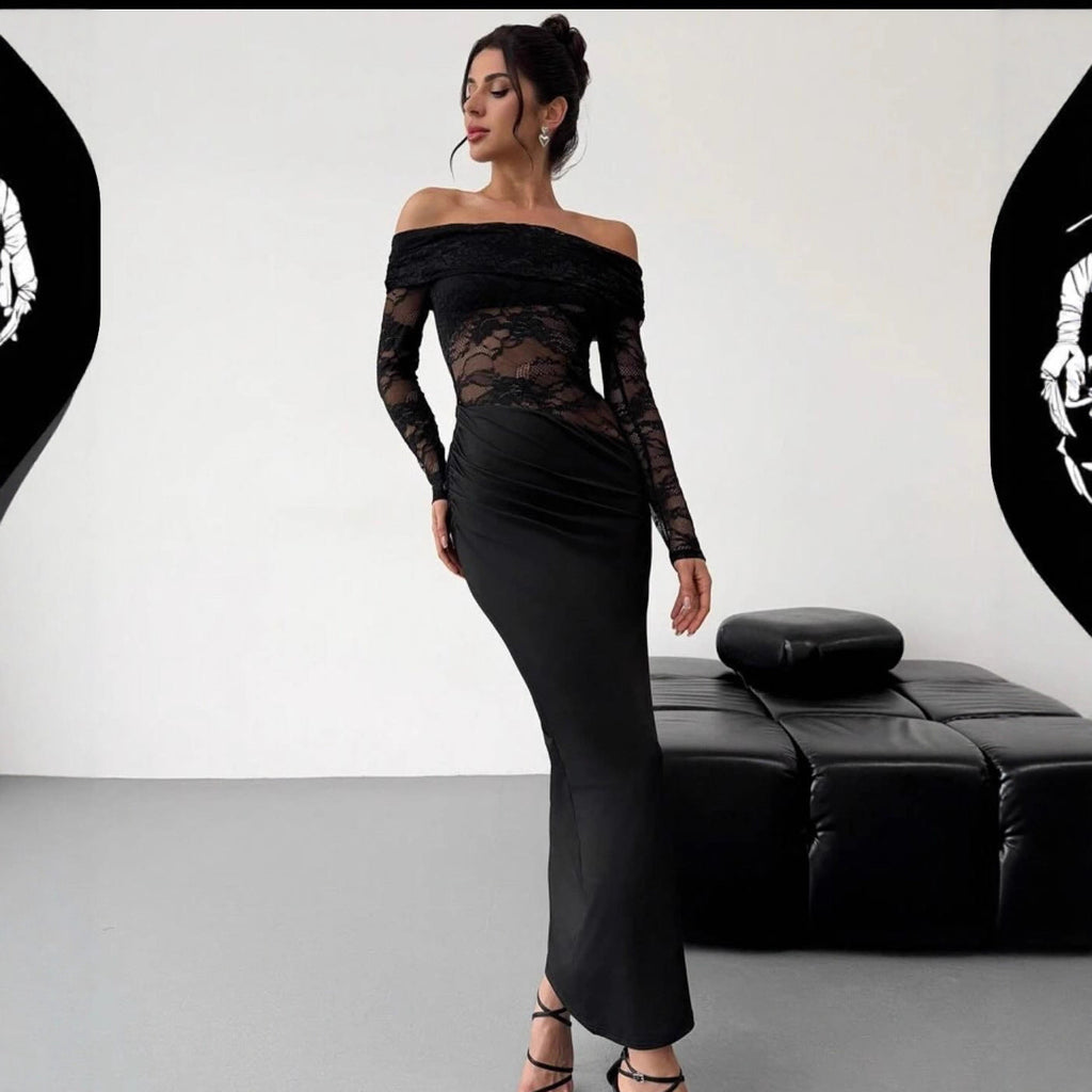 Hollow Out Cutout out Summer off-Shoulder Lace Maxi Dress Long Sleeve High Grade Sexy Sheath Dress Women Clothing