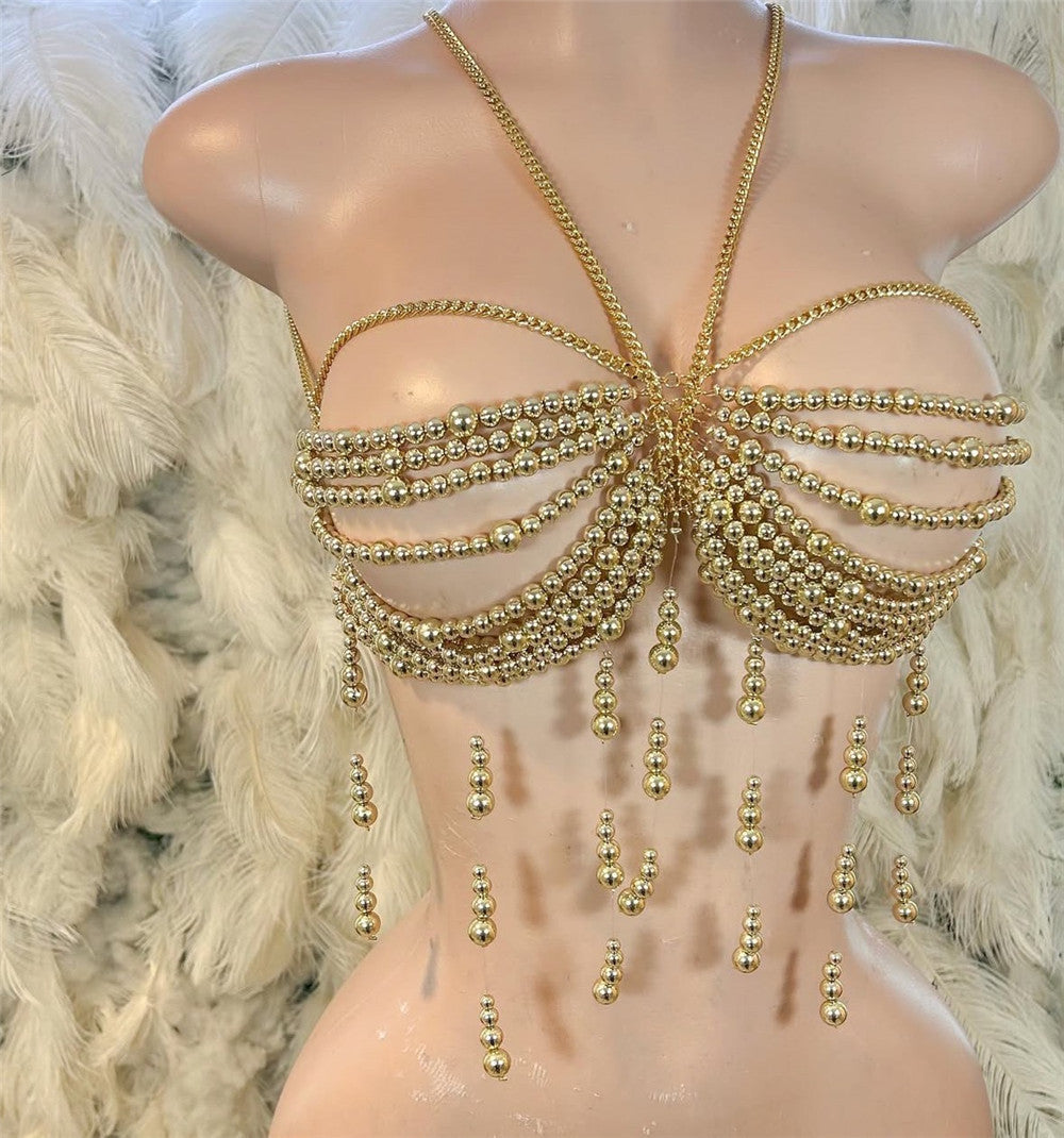 Body Cha Halter Baroque Women Sexy Breastpin Bra Beaded Pearl Vest