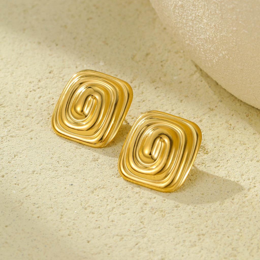 Gold Stainless Steel Rectangular Spiral Texture Titanium Steel Earrings Non Fading Stainless Steel Studs Women