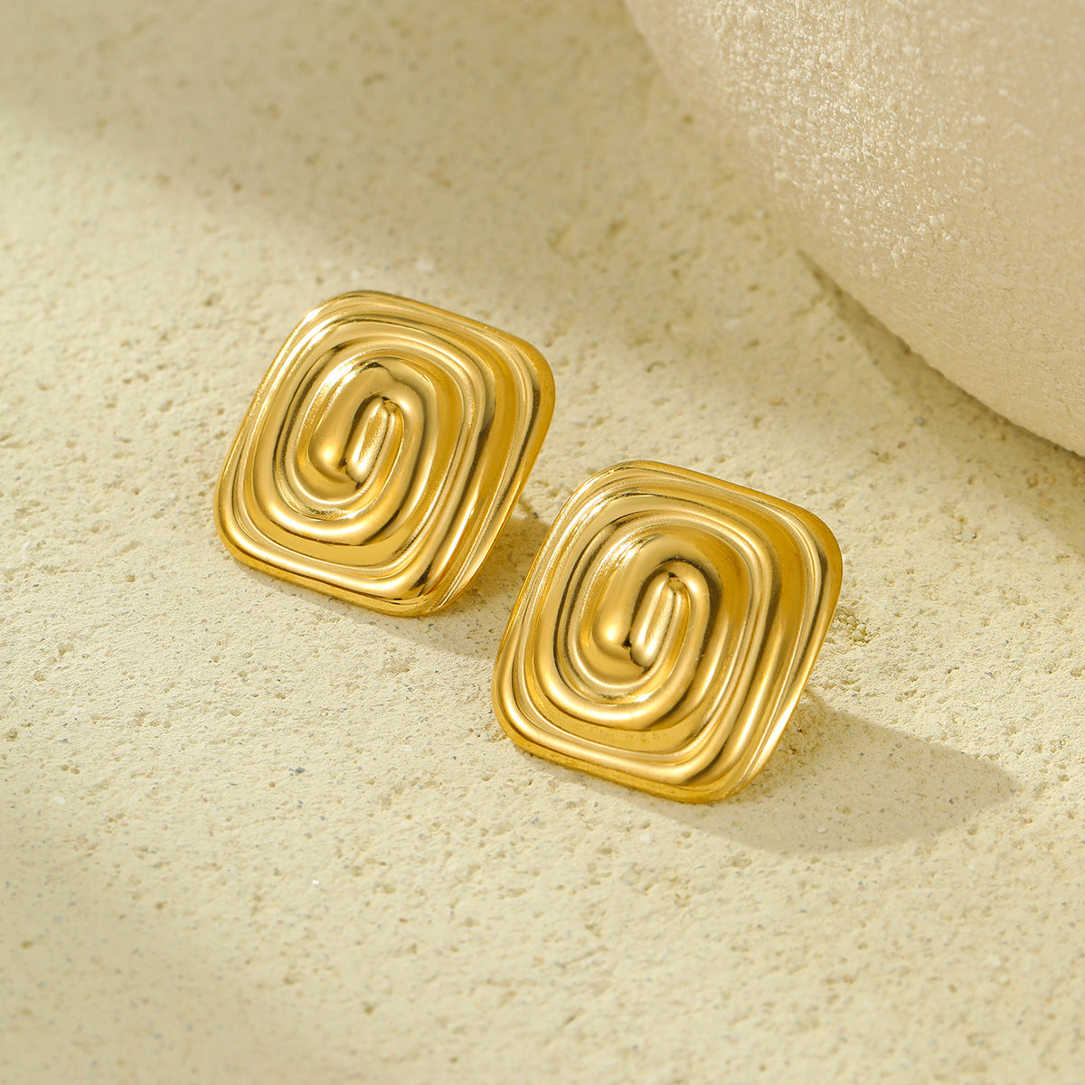 Gold Stainless Steel Rectangular Spiral Texture Titanium Steel Earrings Non Fading Stainless Steel Studs Women