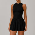 Sollinarry Sense Faux Two Piece Stand Collar Dress Outdoor Running Anti-Exposure Bottoming A line Dress Swing Tennis