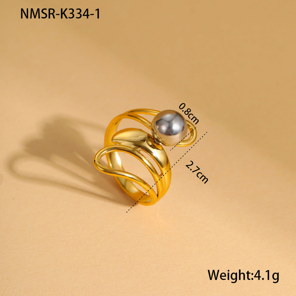 Stainless Steel Gold Silver Color Matching round Beads Design Open Ring Cold Personality Titanium Steel Hand Jewelry