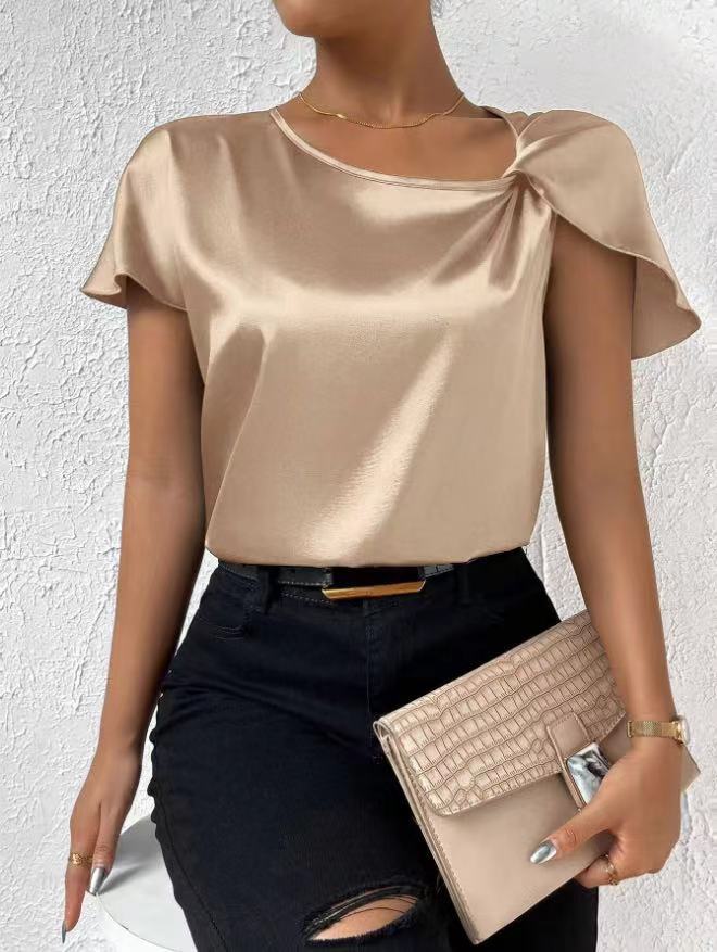 Supply Summer Satin Short Sleeve Satin Twisted Solid Color Loose Fitting Top Women