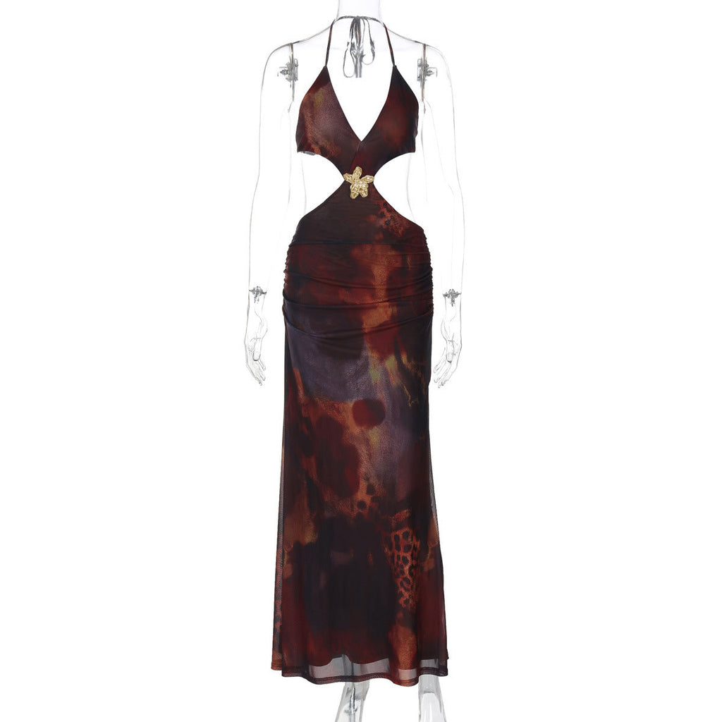Women Summer Sexy Hollowed Printing Slim Fit Slit Dress