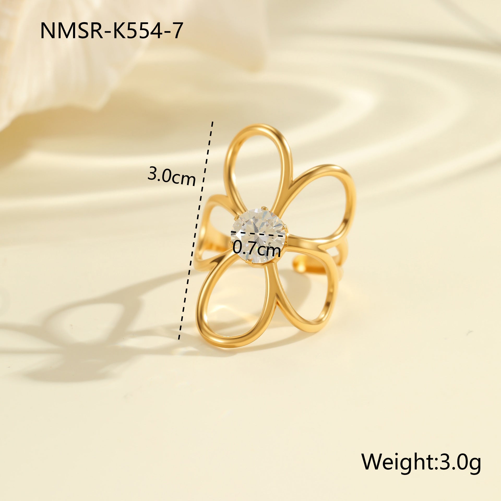Bowknot Zircon Titanium Steel Ring 18K Gold Plating Open Ring Hand Jewelry