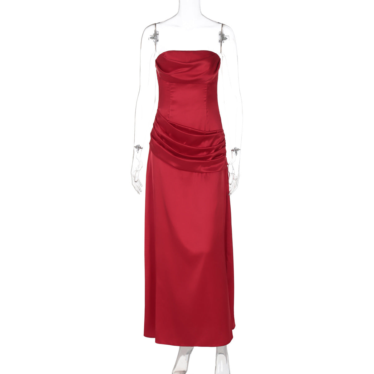 Summer Women Solid Color Graceful Satin Pleated Slim Tube Top Dress