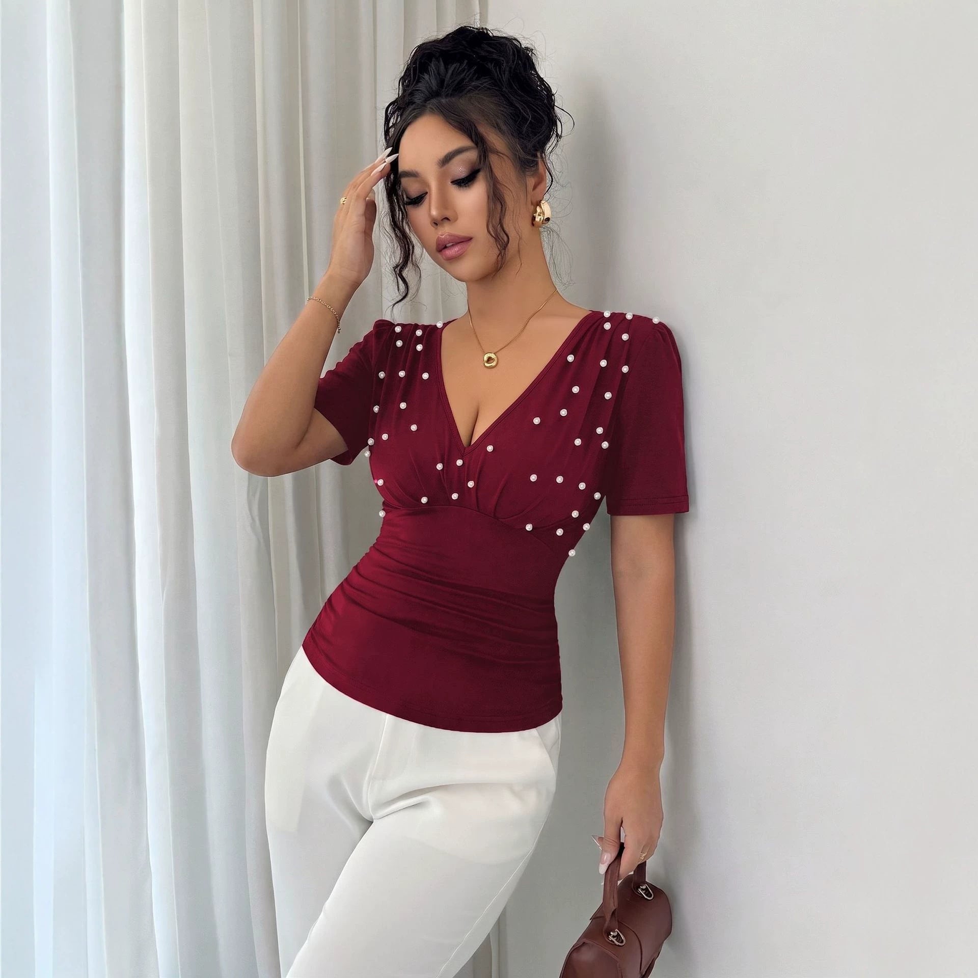 Summer V neck Handmade Pearl Solid Color Short Sleeve Slim T shirt Women