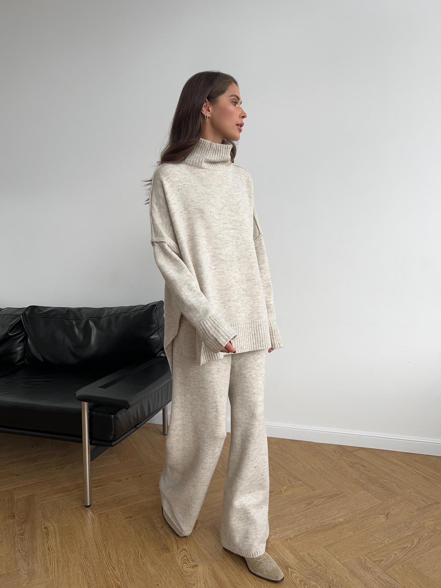 High Neck Split Wool Sweater Women Loose Casual Lazy Knitted Trousers Two Piece Set