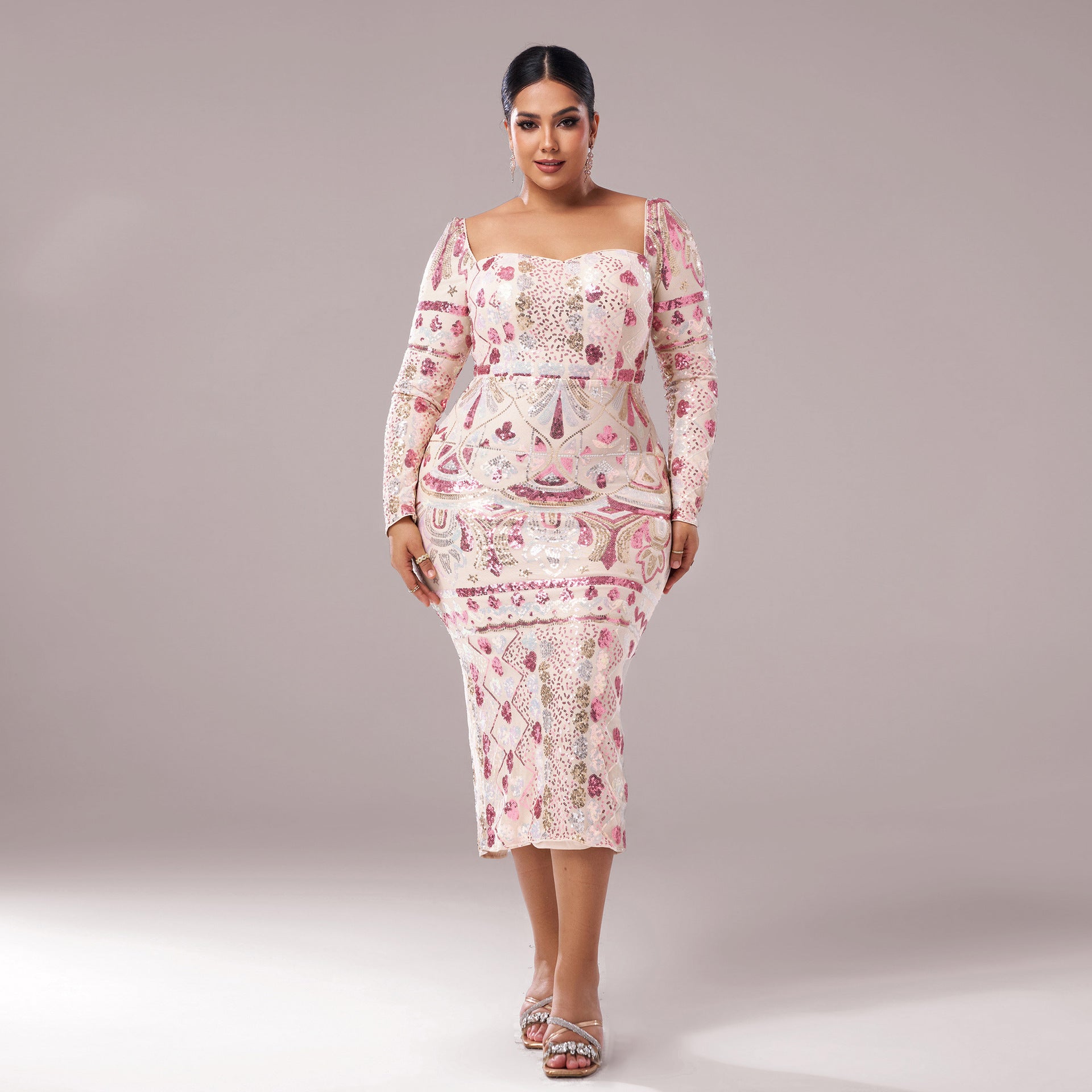 High End Long Sleeve Square Collar Sexy Mid Length to Long Sequined Cocktail Evening Dress Bridesmaid Dress
