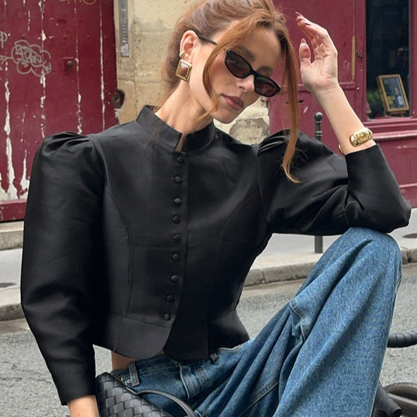 Spring Arrival French Stand Collar Puff Sleeve Long Sleeve Office Palace Women Shirt
