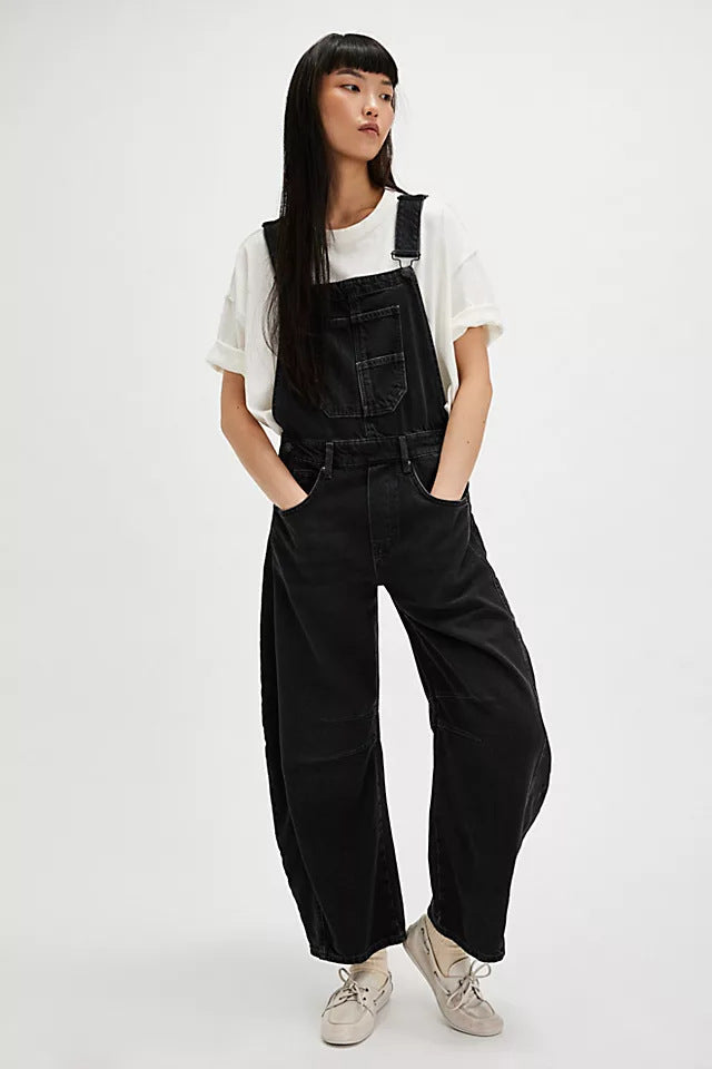 Street Washed out Vintage Loose Straight Cargo Jeans Suspender Pants