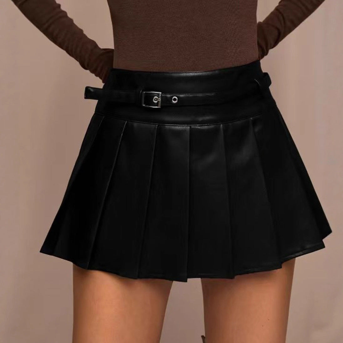 Preppy Pleated Skirt Women High Waist Faux Leather Skirt Exposure Proof Sexy Skirt
