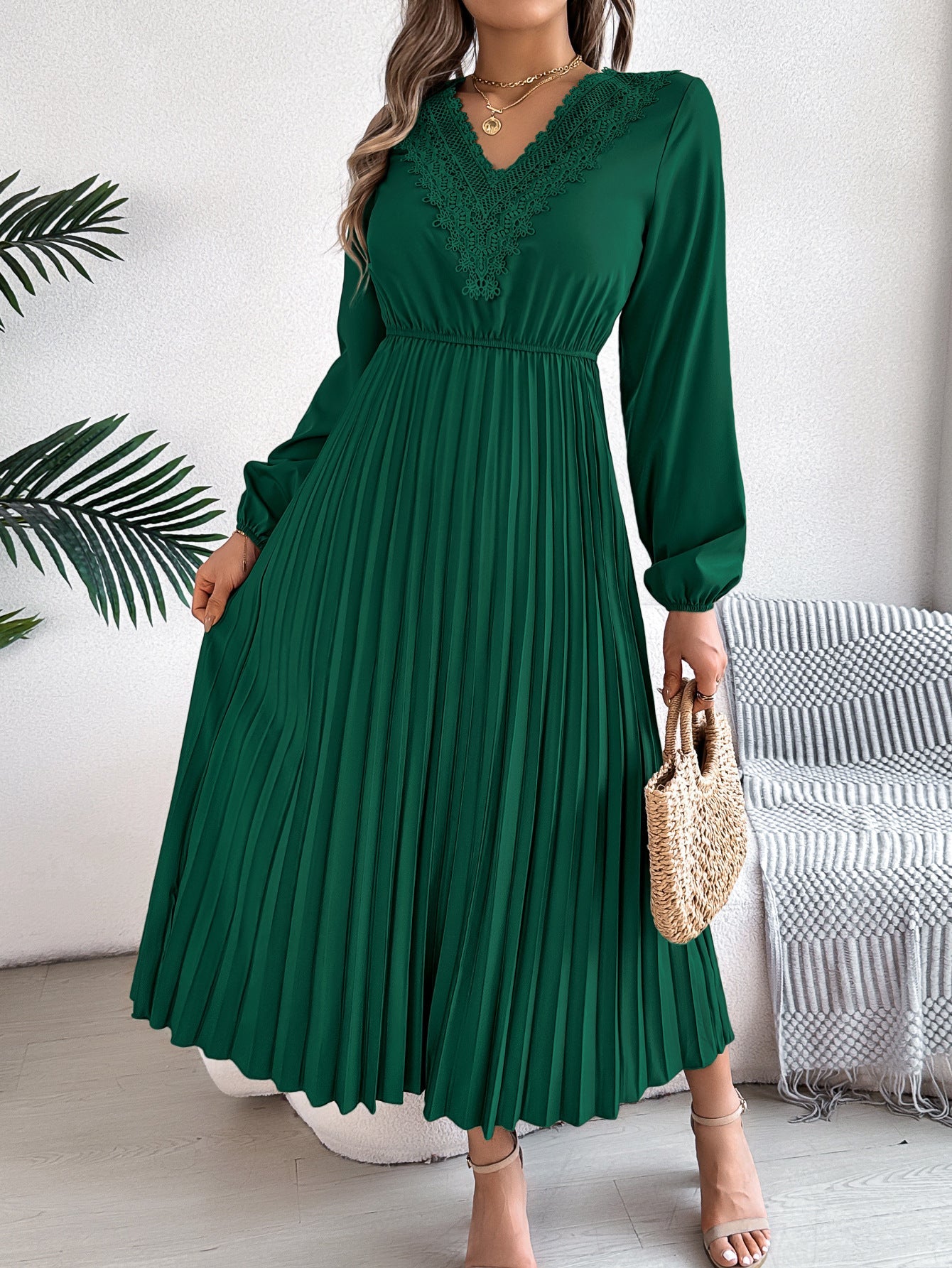 Spring Summer Elegant V neck Lace Cinched Pleated Maxi Dress Women Clothing