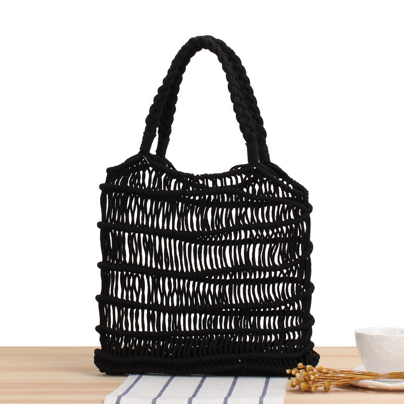 One-Shoulder Portable Cotton Rope Net Pocket Hand-Woven Bag Trendy Women Mori Straw Bag Beach Bag