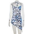 Socialite Elegant Sexy Irregular Asymmetric Leopard Print Halter Dress Women Autumn