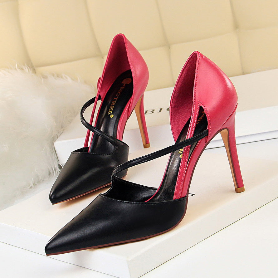 Sweet High Heels Women High Heel Low Cut Pointed Toe Colorblock Hollow Out Cutout out Strap Skinny Shoes