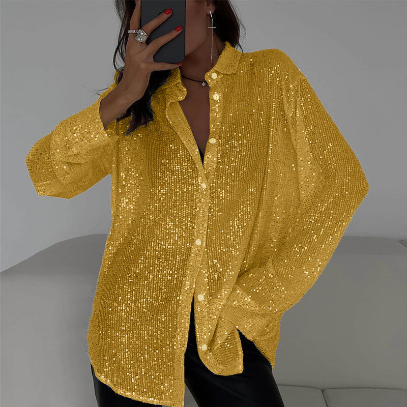 Spring Summer Sequin Top Collared Long Sleeve Cardigan Basic Women Clothing