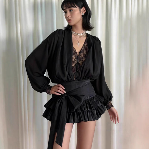 Autumn French Pure Lace Splicing Sexy V neck Long Sleeve Dress