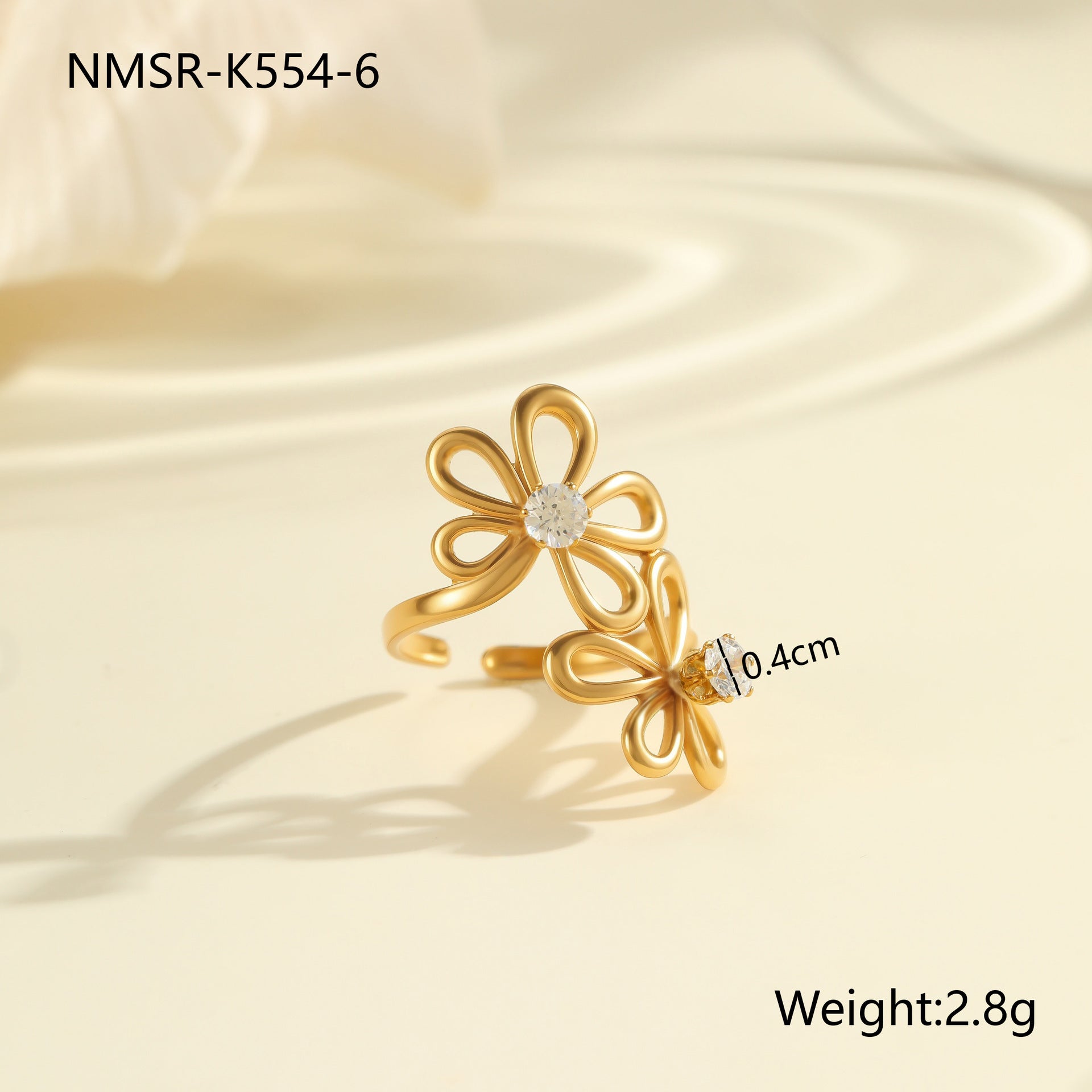 Bowknot Zircon Titanium Steel Ring 18K Gold Plating Open Ring Hand Jewelry