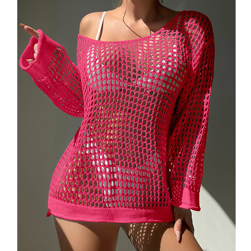 Summer Vacation Sexy Cutout Big round Neck Loose Pullover Bikini Sunscreen Knitted Beach Cover up Crochet hook