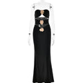 Summer Ladies Sexy Cutout Dress off Neck Metal Floral Sexy Slim Fit Maxi Dress