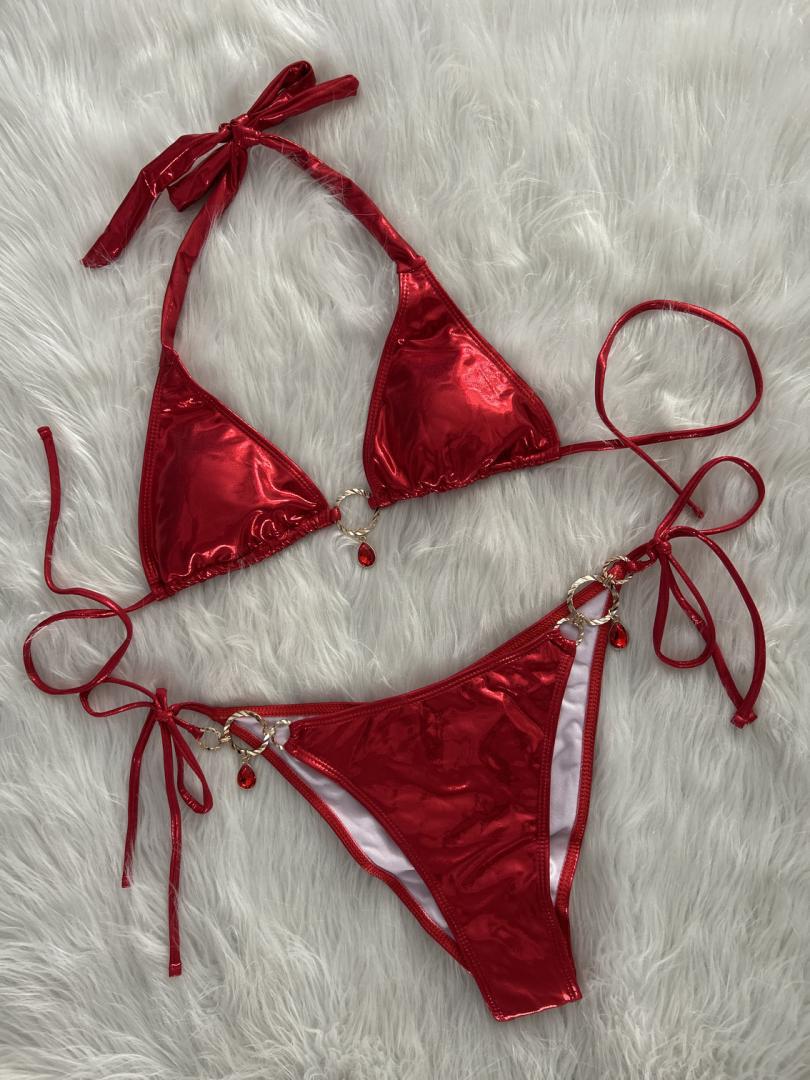 Bikini Swimsuit Split Bright Crystal Solid Color Sexy Beach Vacation Tied Swimsuit