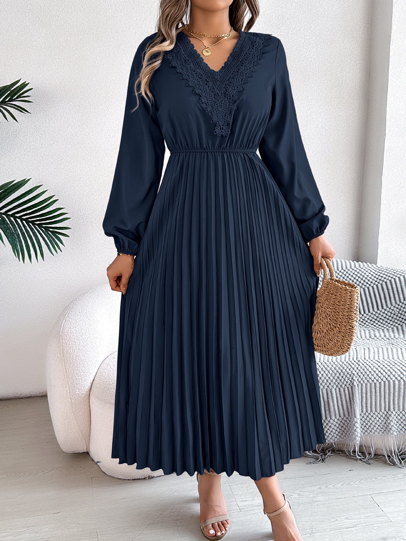 Spring Summer Elegant V neck Lace Cinched Pleated Maxi Dress Women Clothing