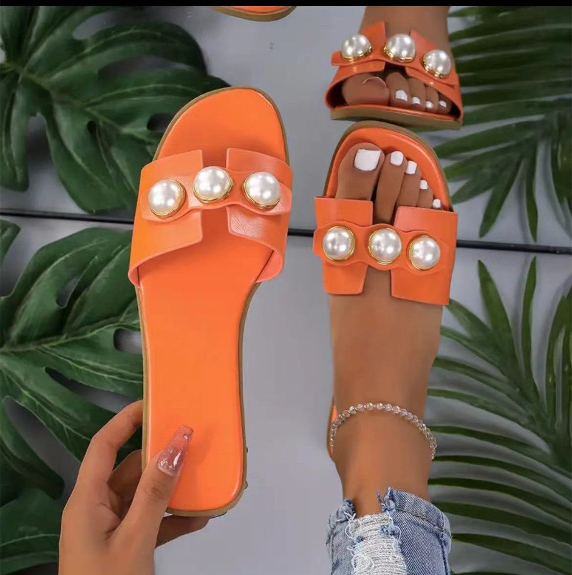 Pearl Flat Slippers Women Lightweight Low Heel Outerwear Beach Slippers Supply