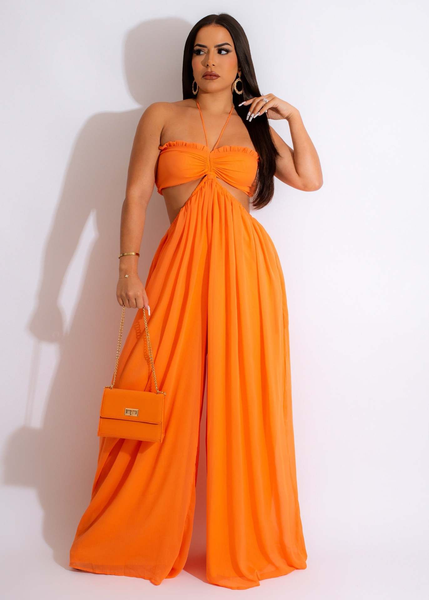 Source Sexy Chiffon Chest Wrapped Bare Back Wide Leg Jumpsuit Women Clothing