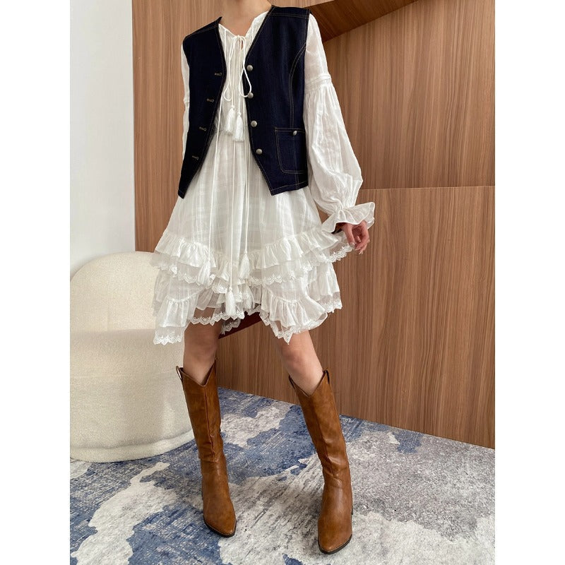 Early Spring Holiday Lace up Cinched Patchwork Irregular Asymmetric Layering Dress