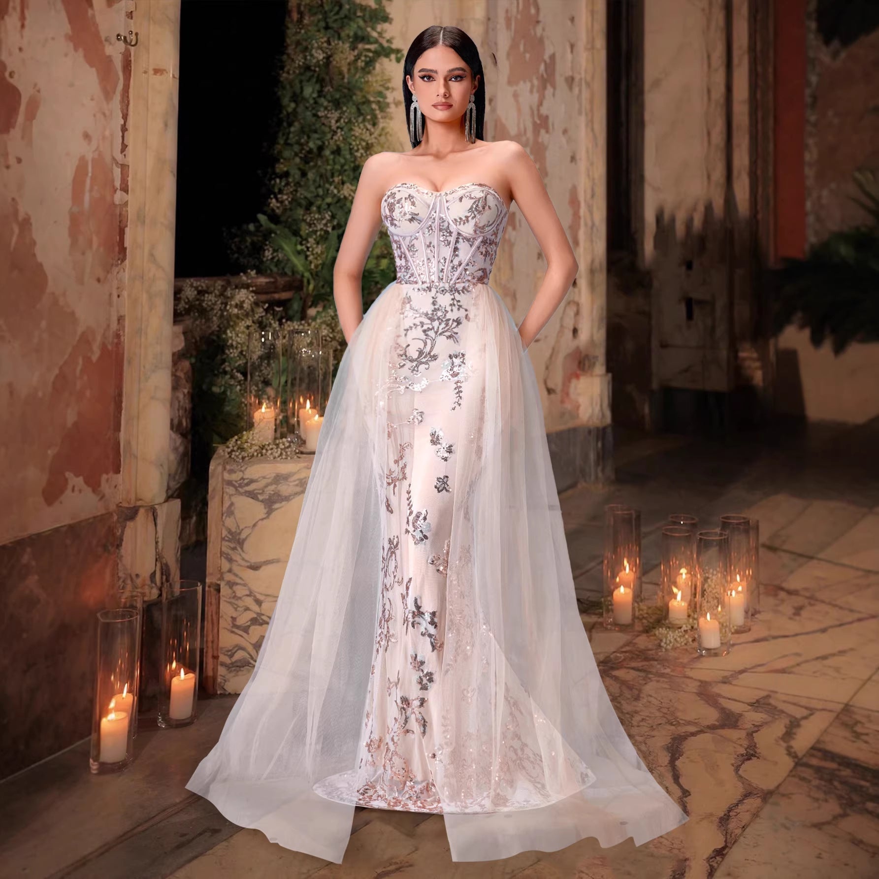 High Grade Tube Top Boning Corset Waist Tight Evening Dress Light Luxury Sequined Embroidered Party Dress Slim Fit Trailing Dress