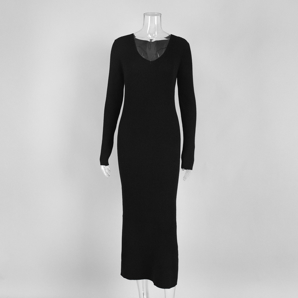 Solid Color Long Sleeve Dress Women Autumn Winter Elegant V neck Slim Hip Knitwear Dress