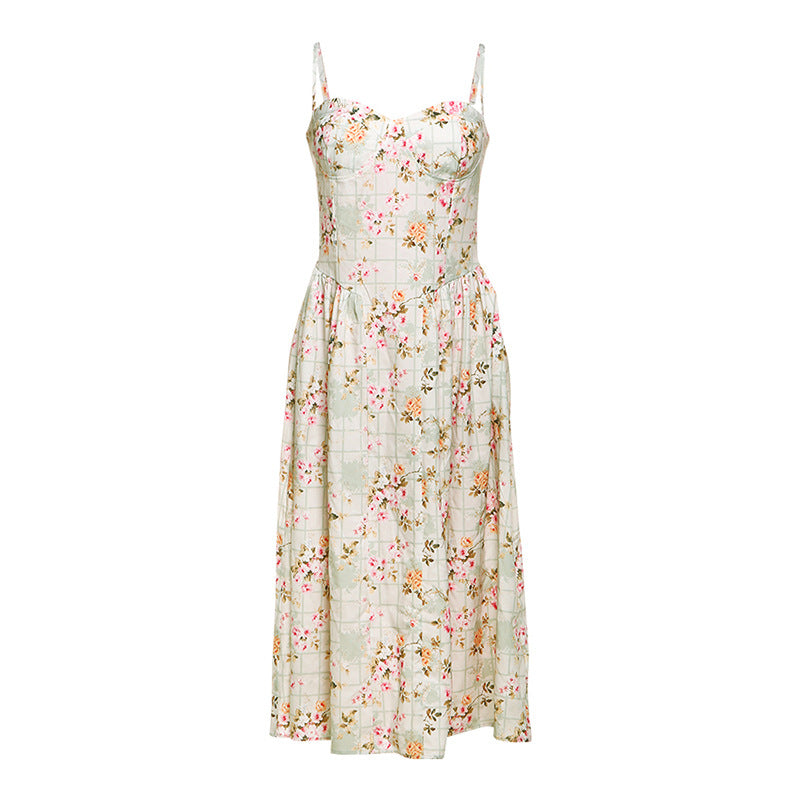 Summer Women Clothing French Sexy Backless Waist Trimming Slimming Printed Dress Women