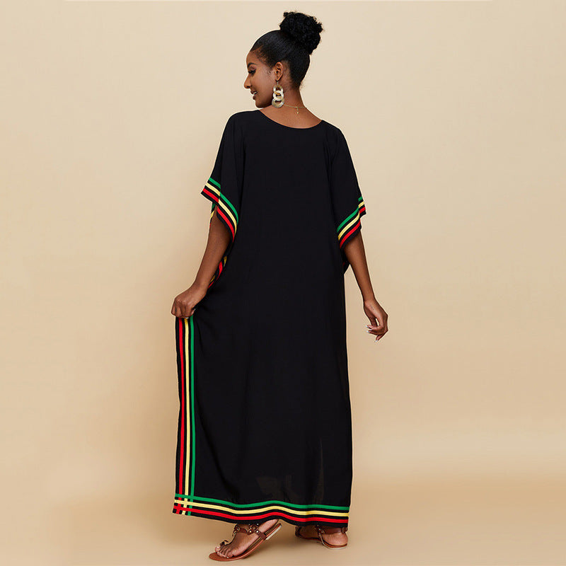 Rayon Pressure Color Stripes Beach Cover-up Sexy Loose Robe Vacation Dress Beach Cover Up