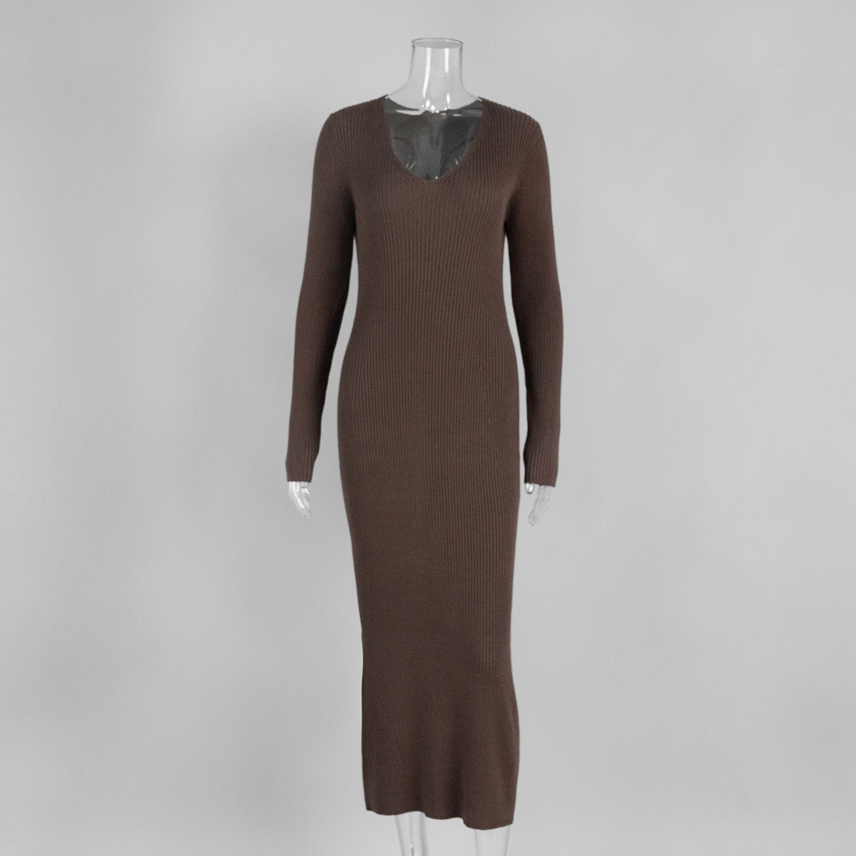 Solid Color Long Sleeve Dress Women Autumn Winter Elegant V neck Slim Hip Knitwear Dress