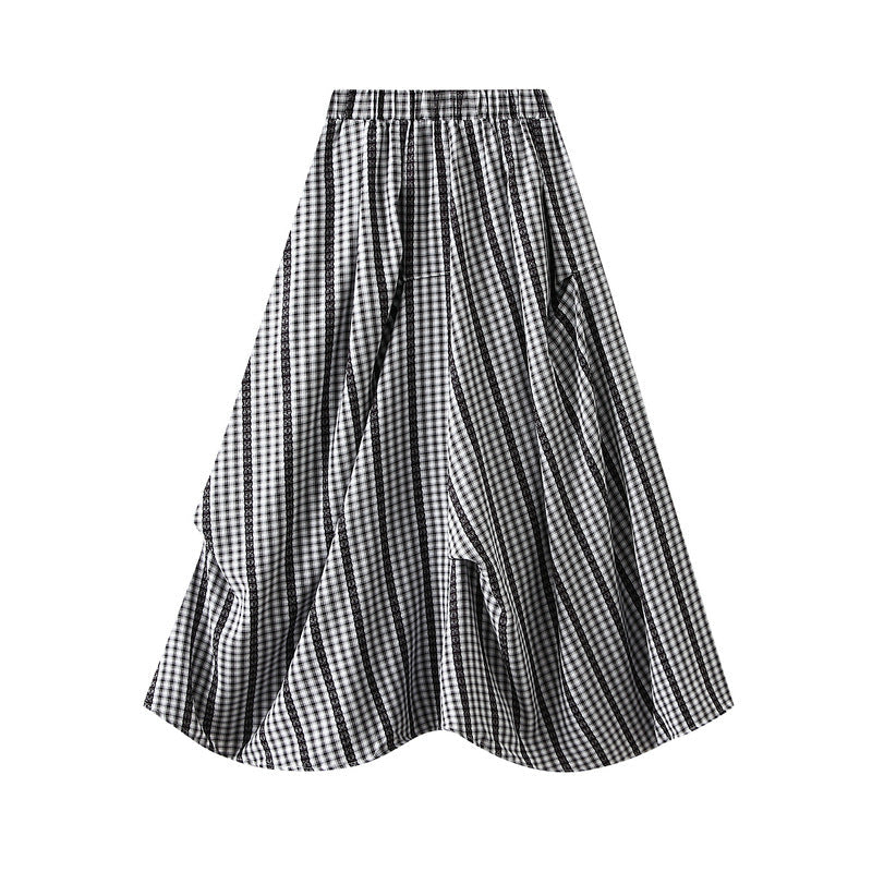 Blue Plaid Irregular Asymmetric Skirt Women Summer Niche Long Skirt Pleated Loose Skirt