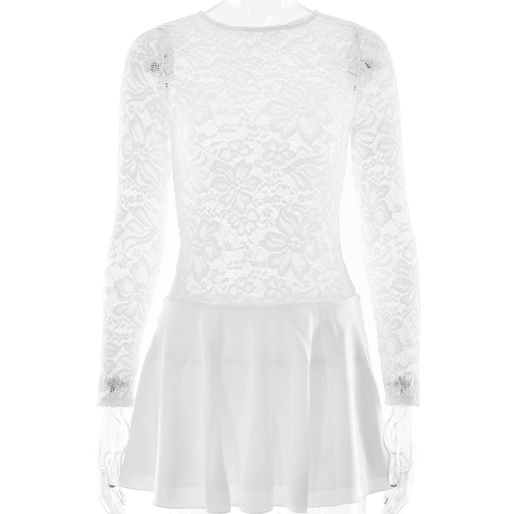 Spring Summer Lace Short round Neck Hollow Out Cutout out Slim Fitting Patchwork Ruffled Long Sleeve Dress