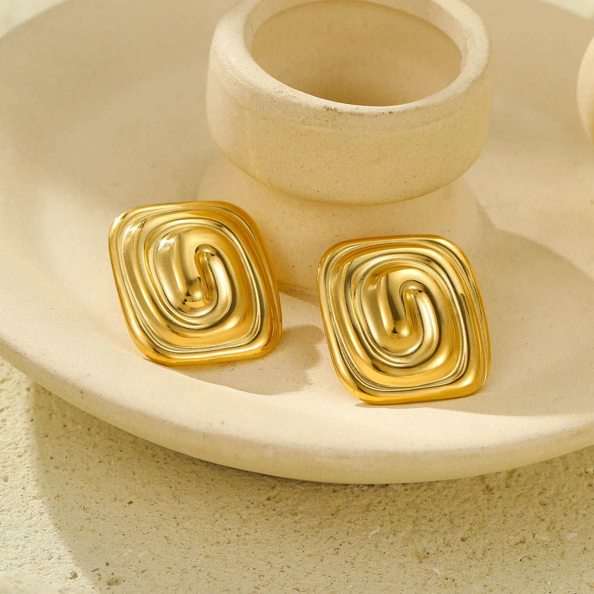 Gold Stainless Steel Rectangular Spiral Texture Titanium Steel Earrings Non Fading Stainless Steel Studs Women