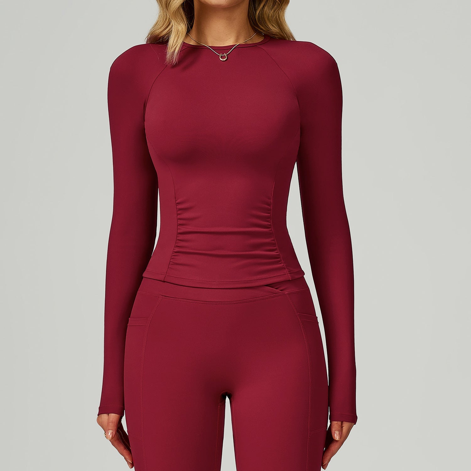 Sollinarry Nude Feel round Neck Yoga Long Sleeve Slim Fitting Belly Contracting High Sense Sports Top Outdoor Running Fitness Clothes