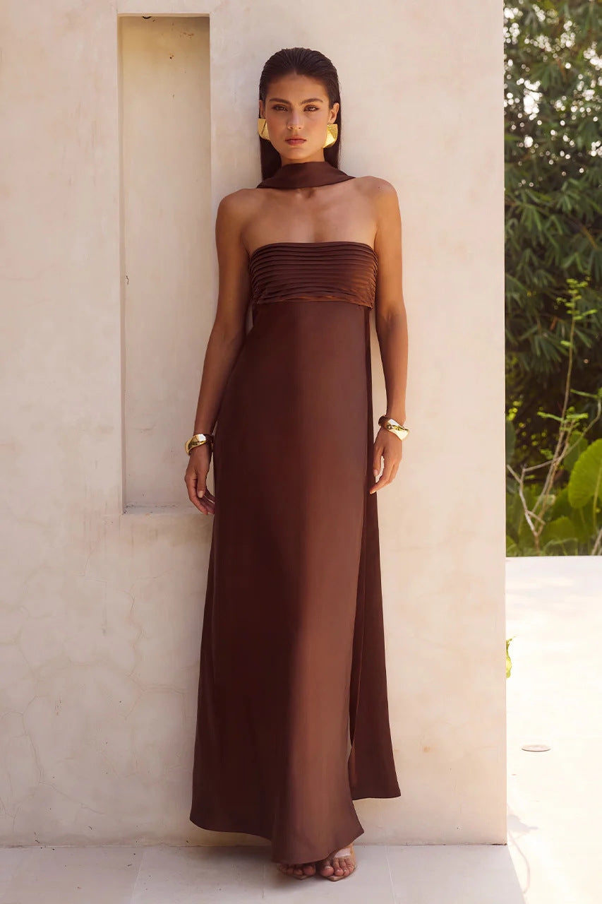 Summer Women Clothing Elegant Slightly Mature Satin Lace up Tube Top Dress