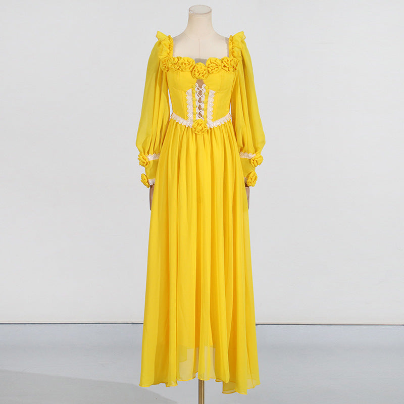 Private Clothing Socialite Summer Sexy Square Collar Three Dimensional Floral Decoration Drawstring Lantern Sleeve Dress Women