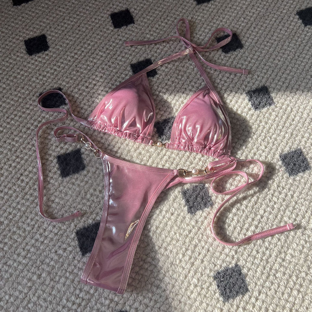 Sexy Glossy Pearl T Shaped Bikini Swimwear Swimsuit Bikini