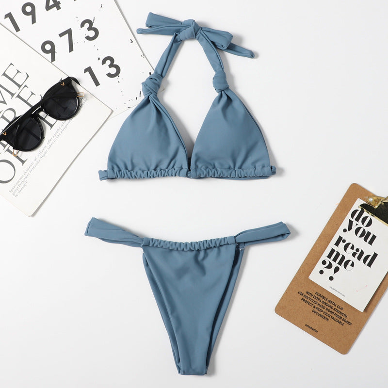 Nylon Double Sided Women Split Solid Color Sexy Bikini Halter Lace Up Triangle Bikini Swimsuit