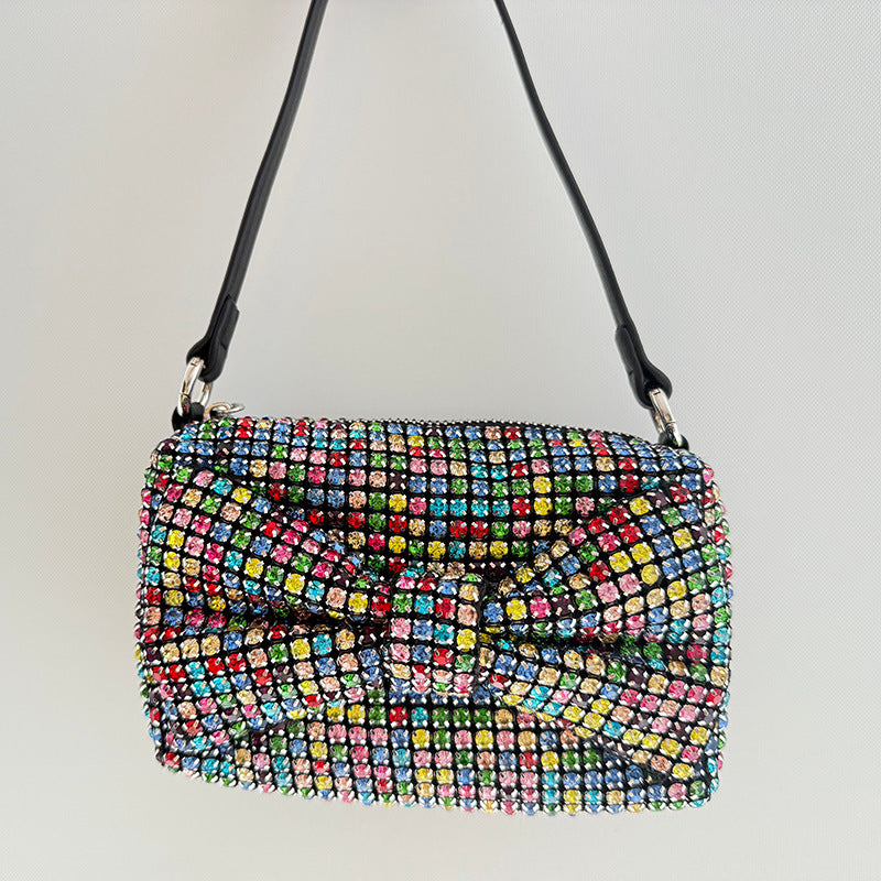 Chic Bow Classic Small Square Bag Full Diamond Party Rhinestone Clutch Chain Shoulder Crossbody Women Trendy Bag
